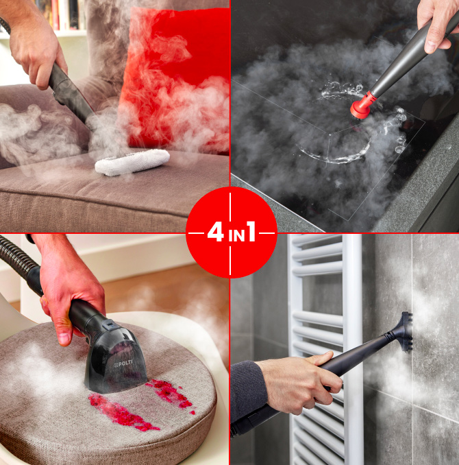 le 4 funzioni di Polti StainOver illustrate in un'unica immagine