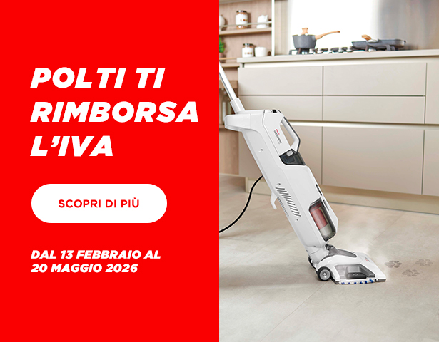 L'immagine mostra un banner con la promozione cashback di Polti con lavapavimenti bianco e blu