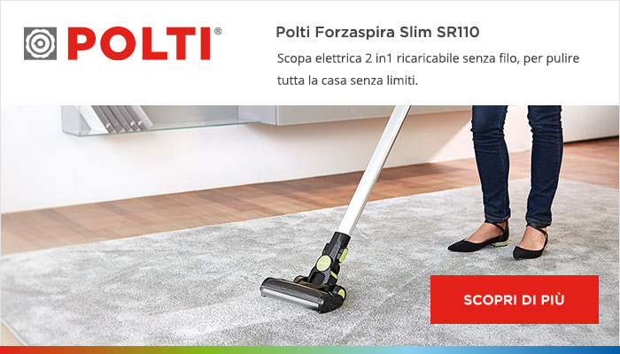 Scopri di più su Polti Forzaspira Slim SR110: la scopa elettrica 2 in 1 ricaricabile senza filo per pulire tutta la casa senza limiti.