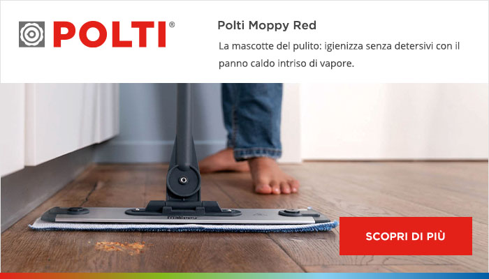 Scopri di più su Polti Moppy Red: la scopa lavapavimenti che igienizza senza detersivi con il panno caldo intriso di vapore.