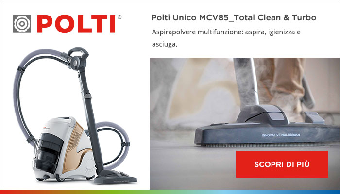 Scopri di più su Polti Unico MCV85_Total Clean & Turbo: aspirapolvere multifunzione che aspira, igienizza e asciuga.