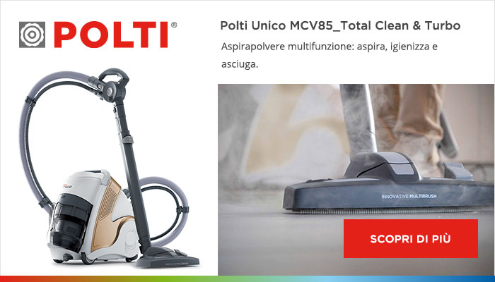 Scopri di più su Polti Unico MCV85_Total Clean & Turbo Scopri di più su Polti Unico MCV85_Total Clean & Turbo: aspirapolvere multifunzione che aspira, igienizza e asciuga.