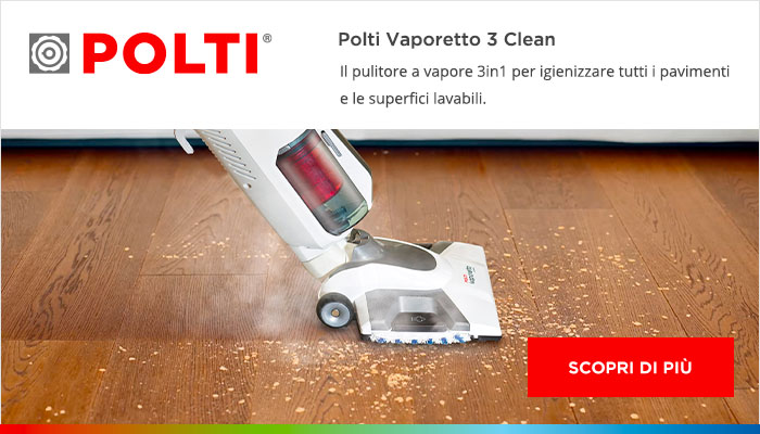 Scopri di più su Polti Vaporetto 3 Clean Scopri di più su Polti Vaporetto 3 Clean: il pulitore a vapore 3 in 1 per aspirare e igienizzare tutti i pavimenti e le superfici lavabili.