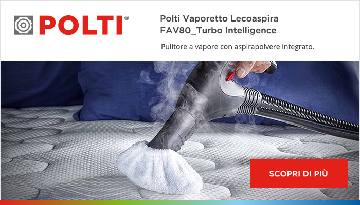 Scopri di più su Polti Vaporetto Lecoaspira FAV80_Turbo Intelligence Scopri di più su Polti Vaporetto Lecoaspira FAV80_Turbo Intelligence: Pulitore a vapore con aspirapolvere integrato per aspirare, pulire e igienizzare la casa.