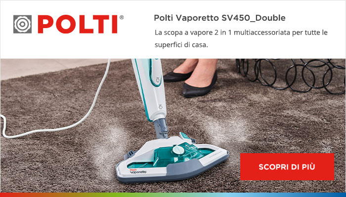 Scopri di più su Polti Vaporetto SV450_Double: La scopa a vapore 2 in 1 multiaccessoriata per tutte le superfici di casa.