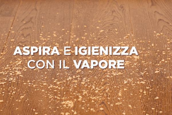 L'immagine mostra un scopa che aspira e igienizza un pavimento con il vapore